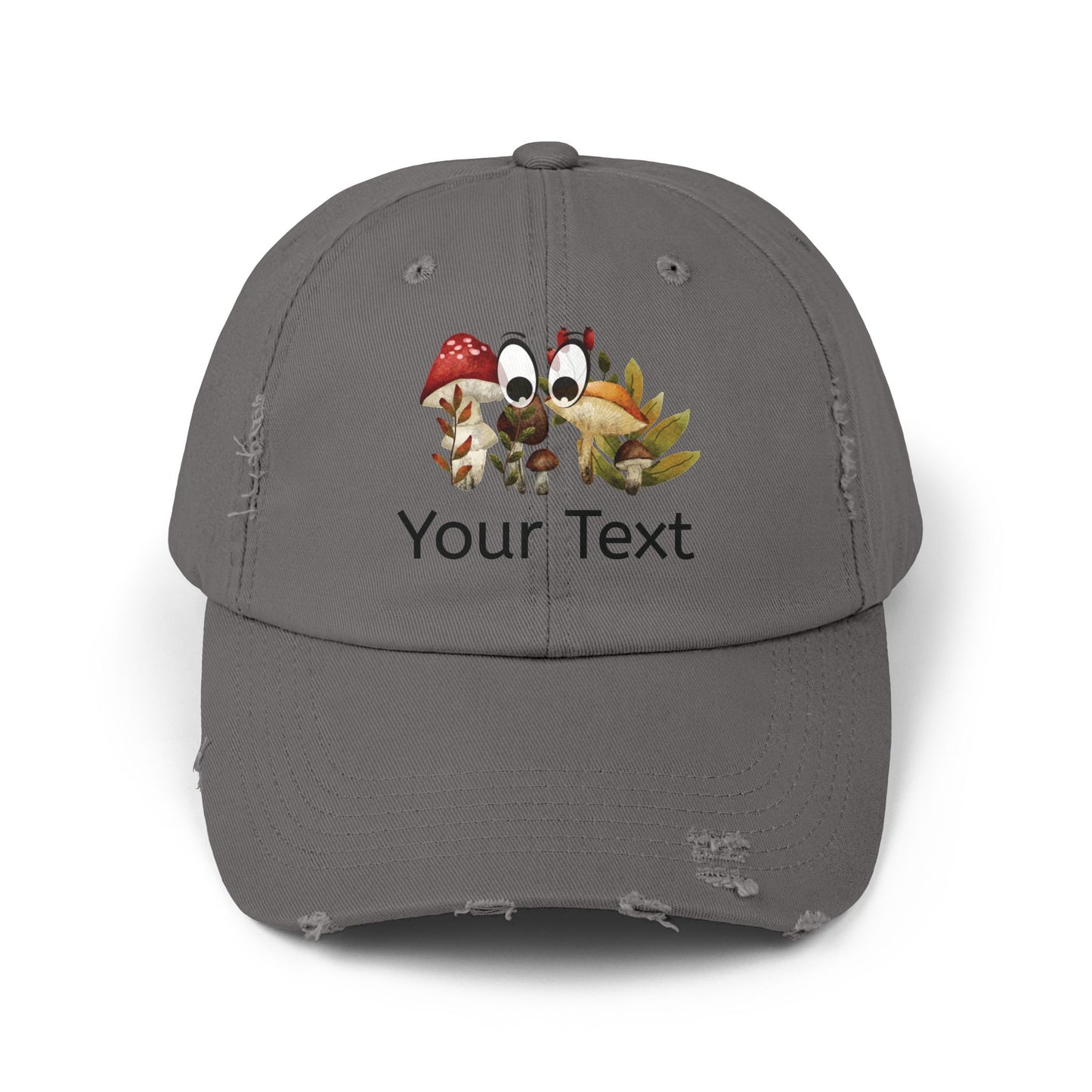 Personalized Distressed Cap with Eyes Looking for Mushrooms