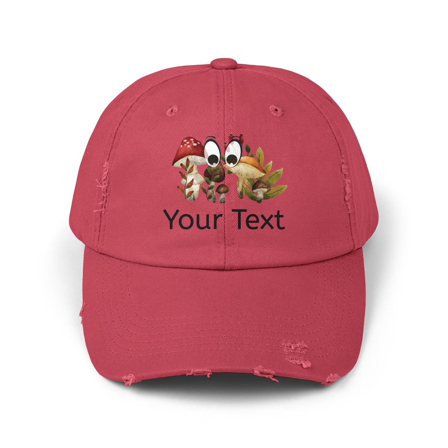 Personalized Distressed Cap with Eyes Looking for Mushrooms