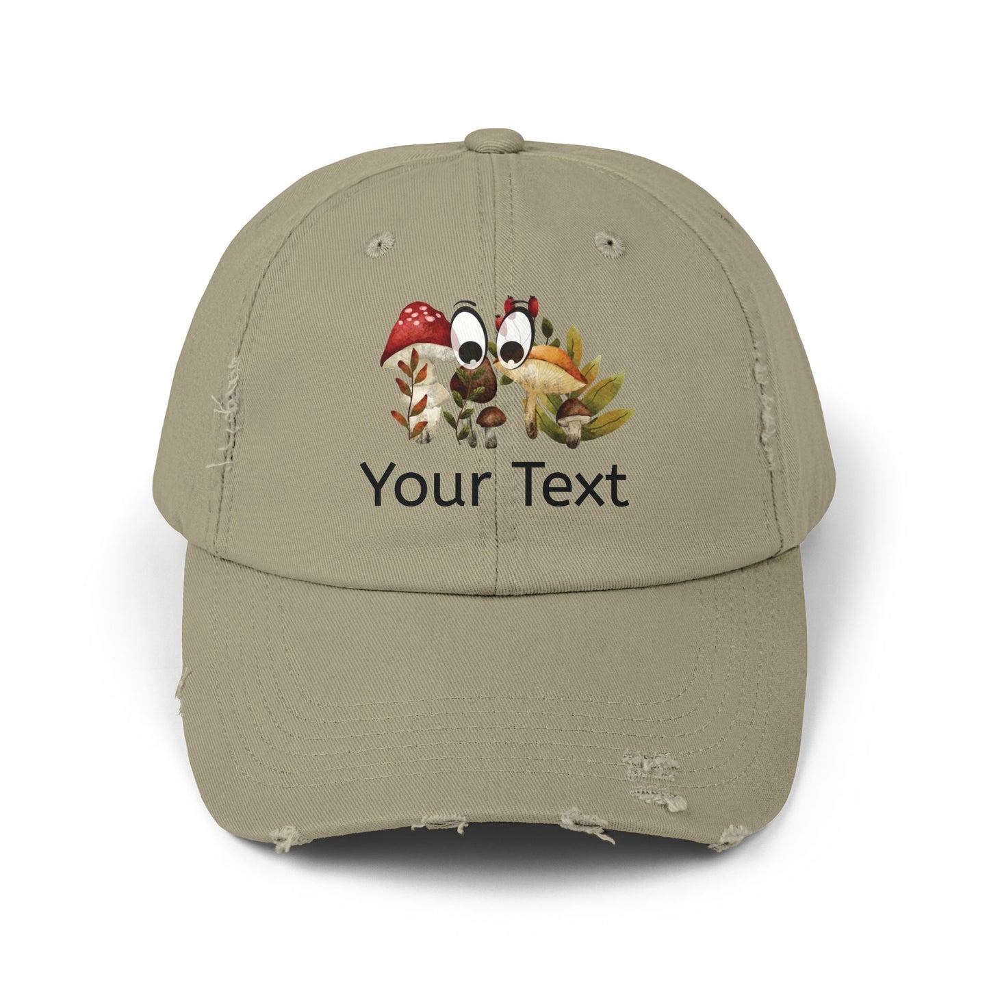 Personalized Distressed Cap with Eyes Looking for Mushrooms