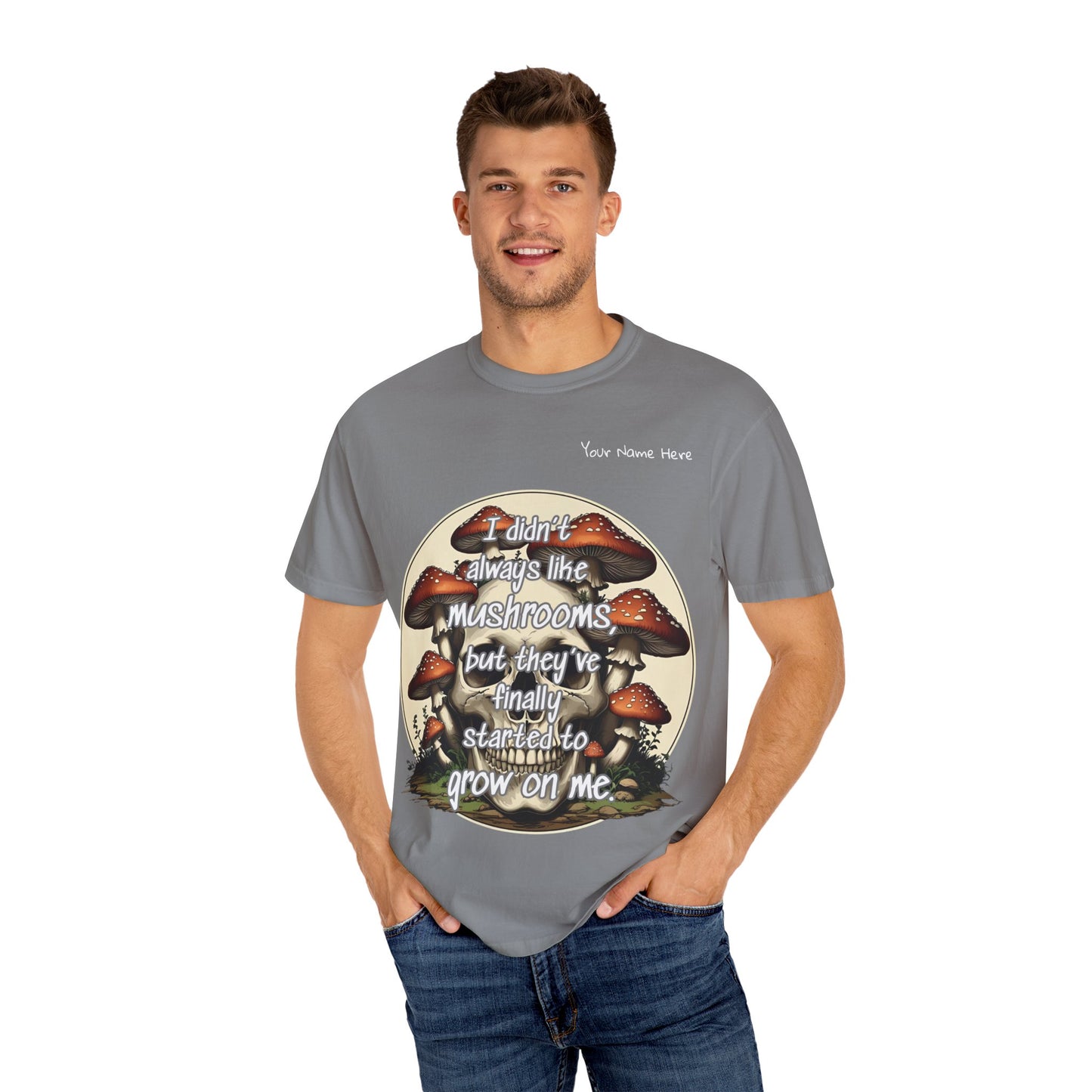 Mushroom Lover T-Shirt, Unisex Garment-Dyed Tee, Skulls and Fungi Graphic Shirt, Unique Gift for Nature Lovers, Halloween Apparel