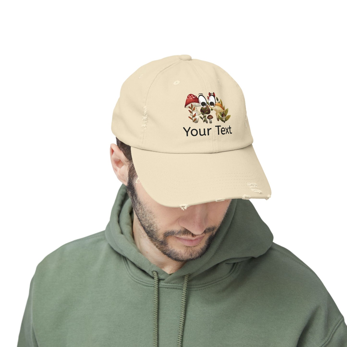 Personalized Distressed Cap with Eyes Looking for Mushrooms