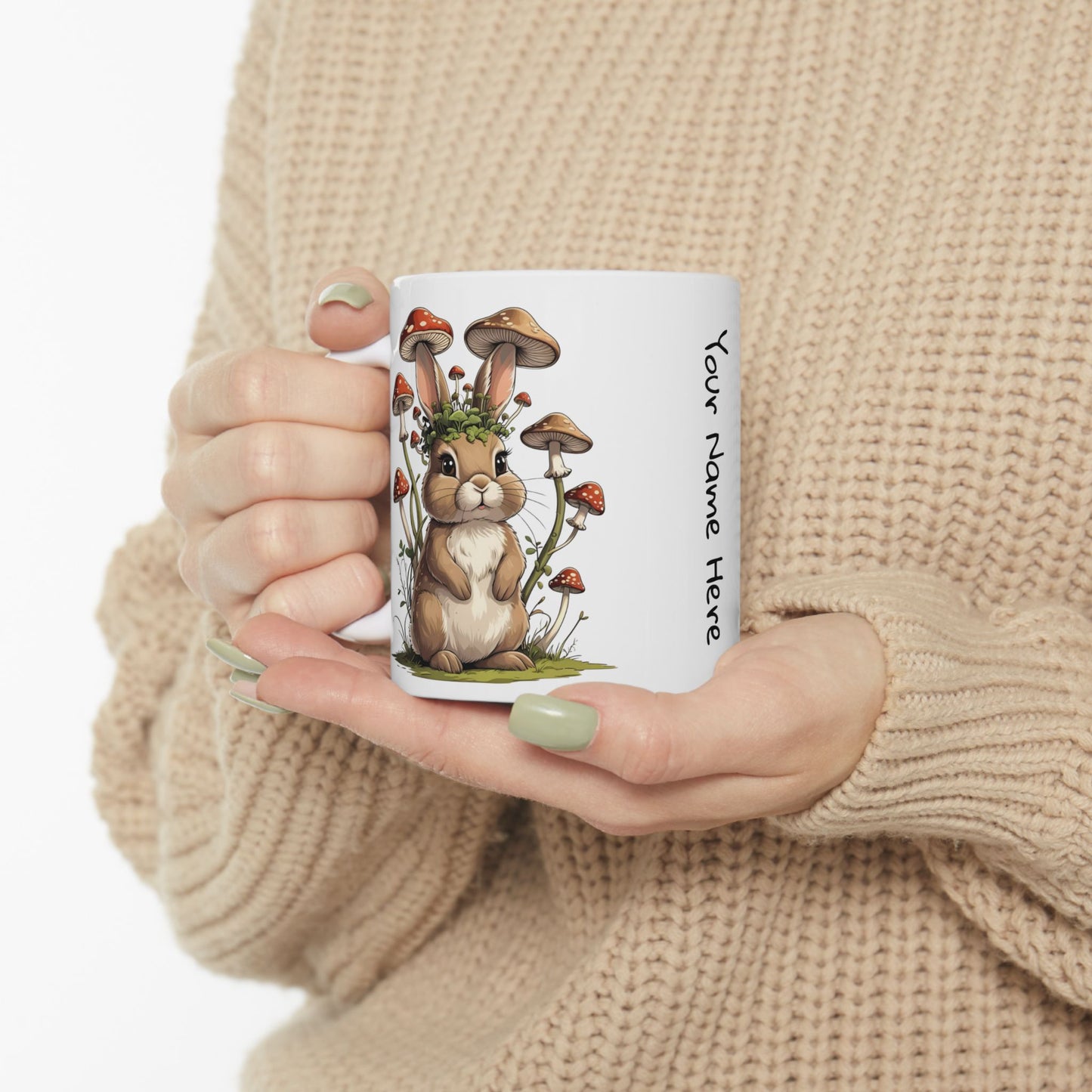 Personalized Mug - Whimsical Mushroom and Bunny Ceramic Mug (11oz/15oz)