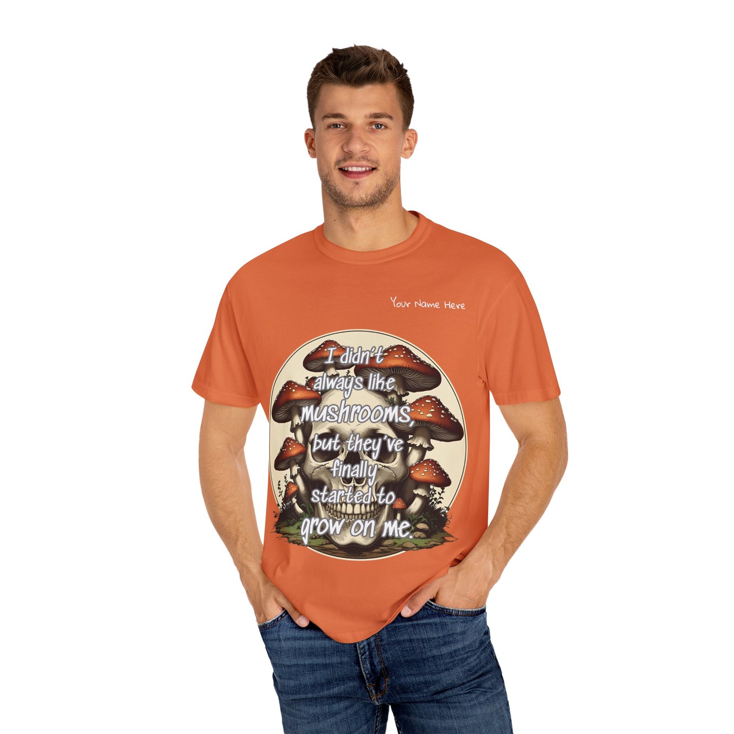 Mushroom Lover T-Shirt, Unisex Garment-Dyed Tee, Skulls and Fungi Graphic Shirt, Unique Gift for Nature Lovers, Halloween Apparel