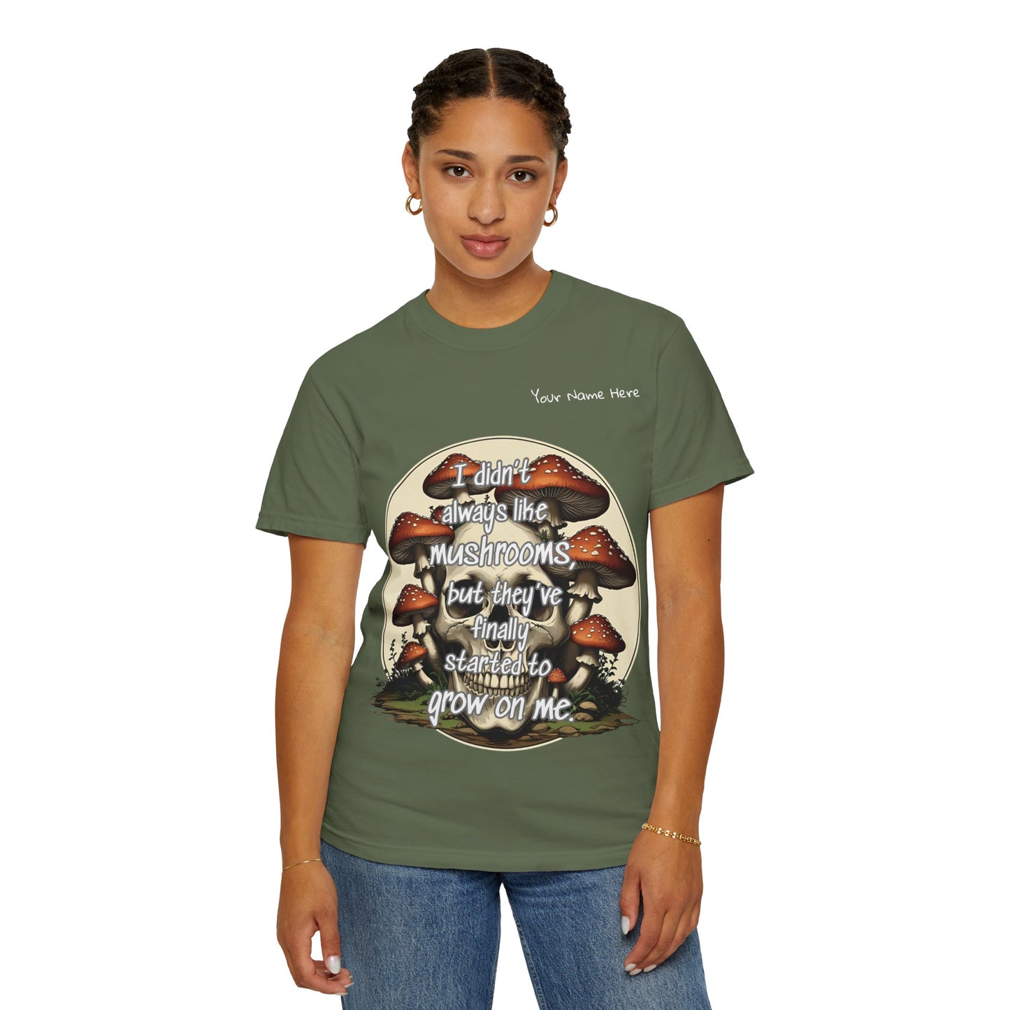 Mushroom Lover T-Shirt, Unisex Garment-Dyed Tee, Skulls and Fungi Graphic Shirt, Unique Gift for Nature Lovers, Halloween Apparel