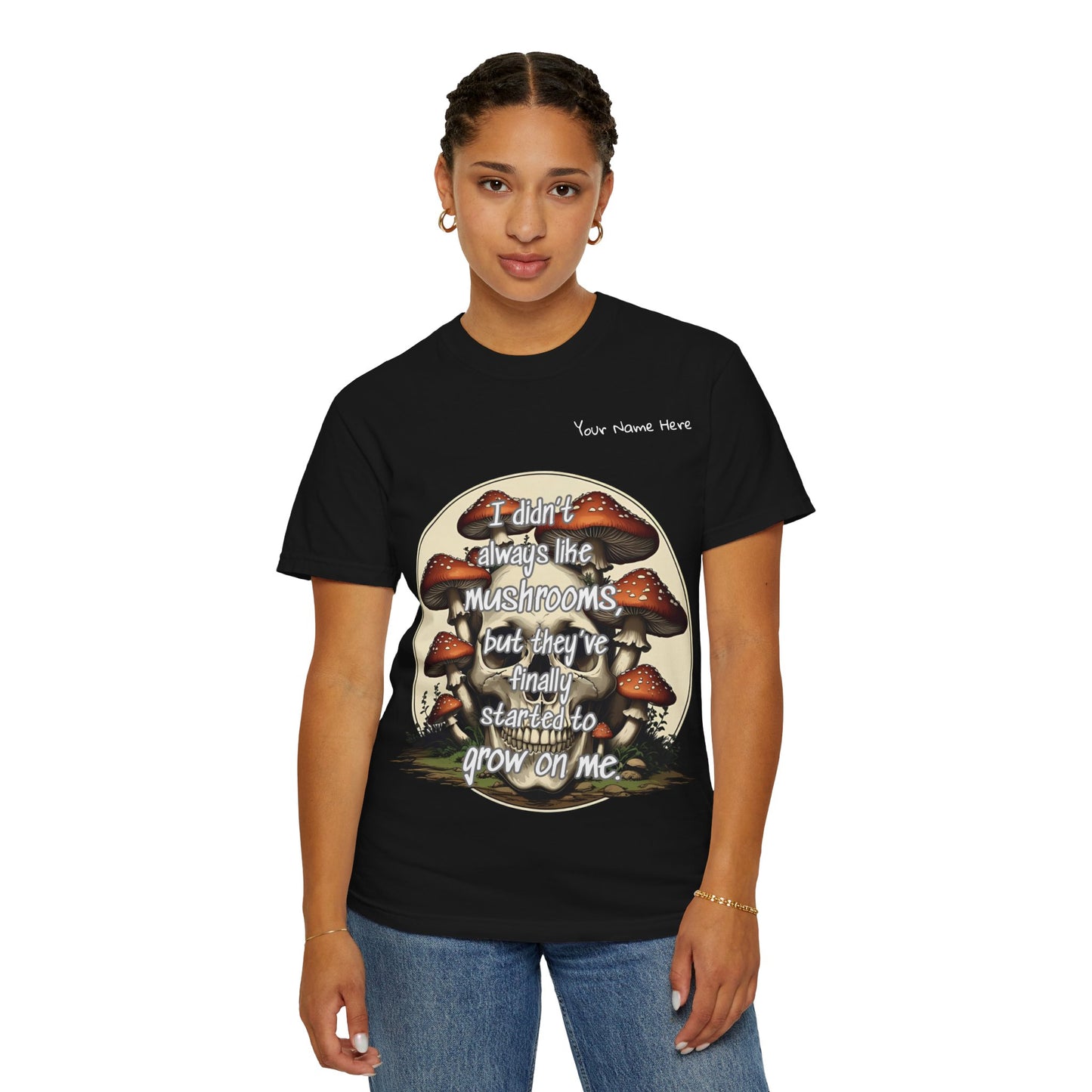 Mushroom Lover T-Shirt, Unisex Garment-Dyed Tee, Skulls and Fungi Graphic Shirt, Unique Gift for Nature Lovers, Halloween Apparel