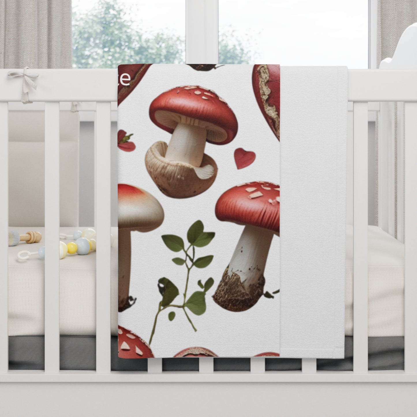 Mushroom Love Fleece Baby Blanket, Personalized Baby Shower Gift, Nursery Decor, Cozy Baby Blanket, Heart and Mushroom Design