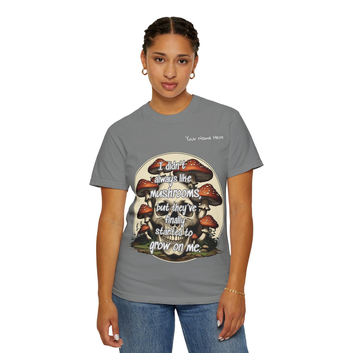 Mushroom Lover T-Shirt, Unisex Garment-Dyed Tee, Skulls and Fungi Graphic Shirt, Unique Gift for Nature Lovers, Halloween Apparel