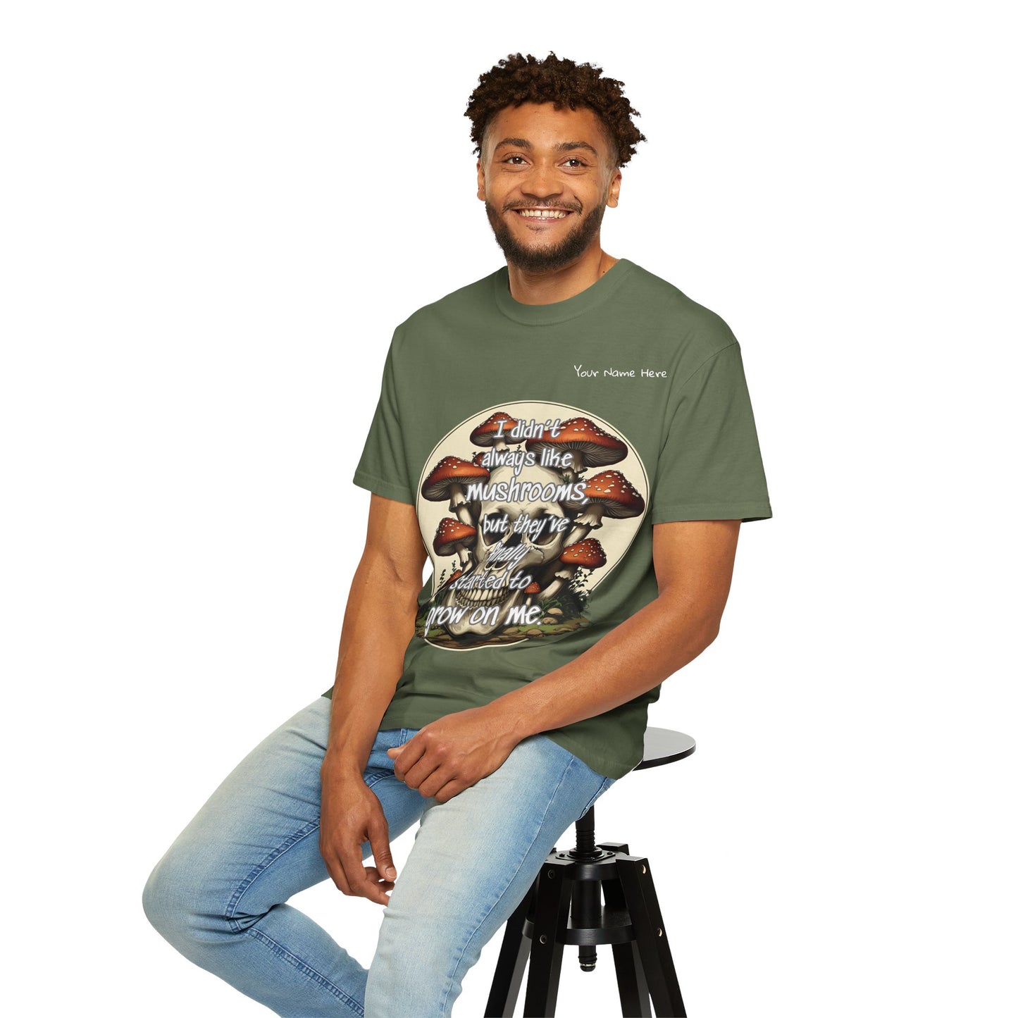 Mushroom Lover T-Shirt, Unisex Garment-Dyed Tee, Skulls and Fungi Graphic Shirt, Unique Gift for Nature Lovers, Halloween Apparel