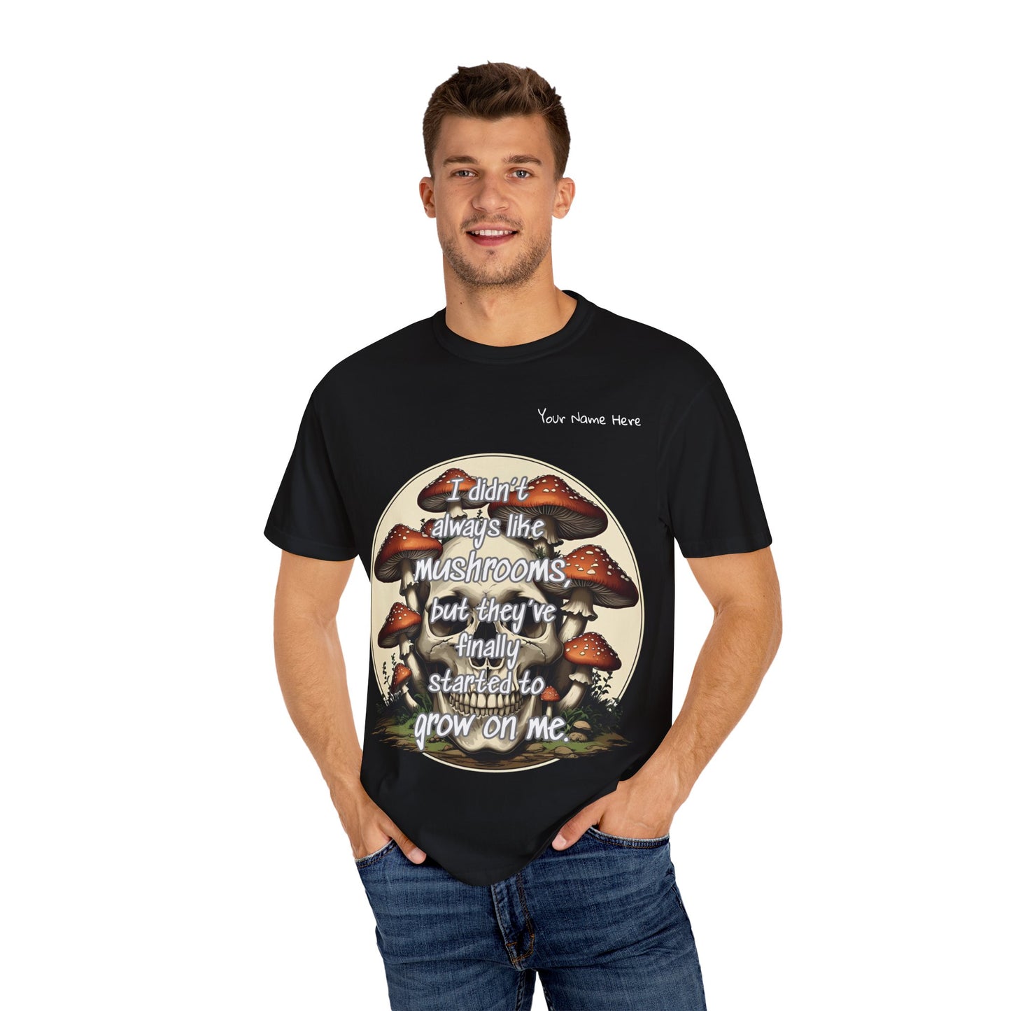 Mushroom Lover T-Shirt, Unisex Garment-Dyed Tee, Skulls and Fungi Graphic Shirt, Unique Gift for Nature Lovers, Halloween Apparel