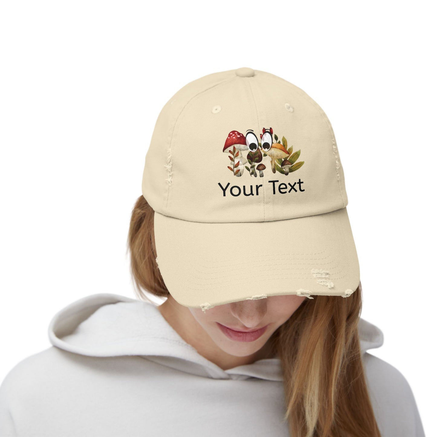 Personalized Distressed Cap with Eyes Looking for Mushrooms