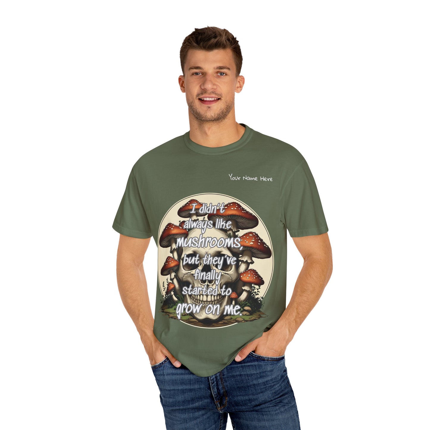 Mushroom Lover T-Shirt, Unisex Garment-Dyed Tee, Skulls and Fungi Graphic Shirt, Unique Gift for Nature Lovers, Halloween Apparel