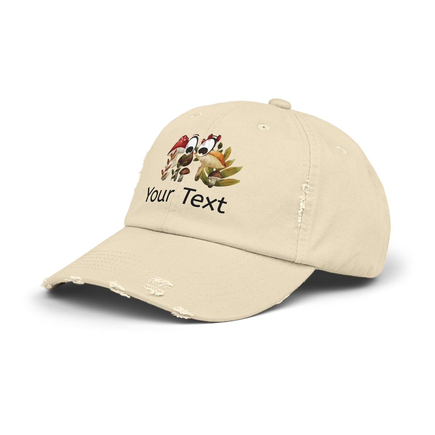 Personalized Distressed Cap with Eyes Looking for Mushrooms