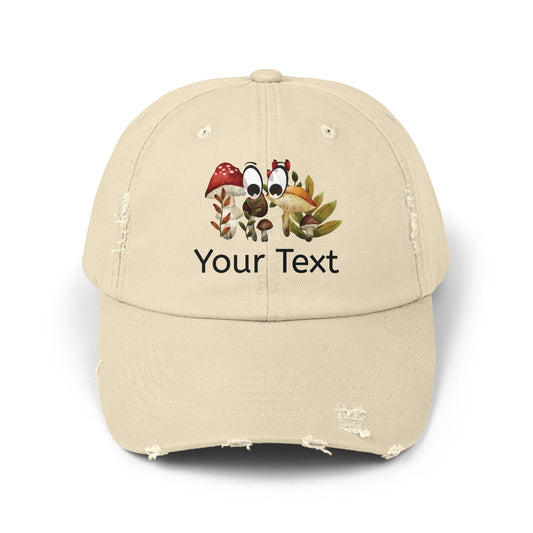 Personalized Distressed Cap with Eyes Looking for Mushrooms